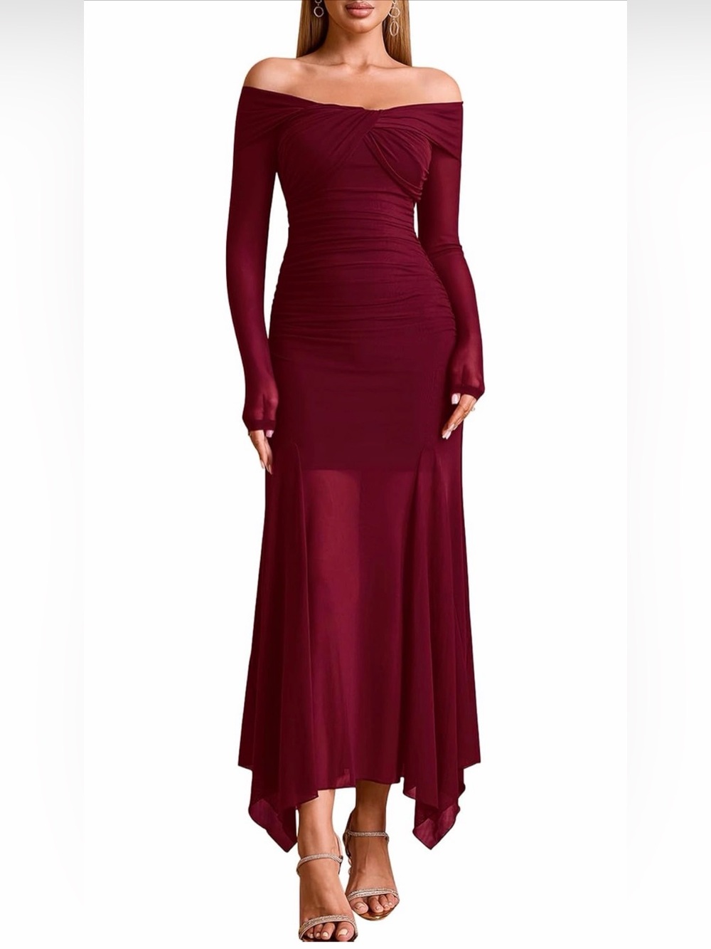 New Women's Off The Shoulder Maxi Dress Long Sleeve Ruched Bodycon dress